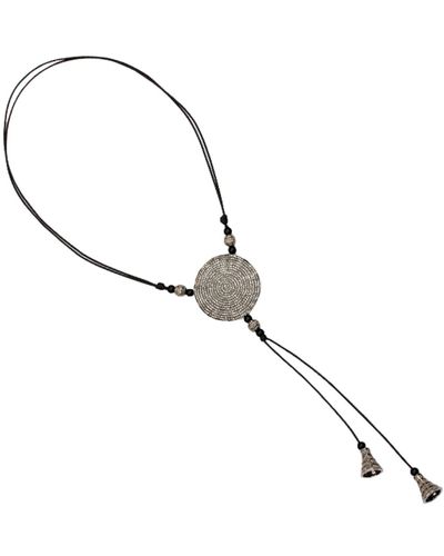 Artisan Round Disc Pave Diamond Macramé Matinee Necklace Pendant 925 Sterling Silver Jewellery - Brown