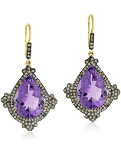 Artisan Teardrop Amethyst & Pave Diamond In 18k Gold With Silver Dangle Earrings - Purple
