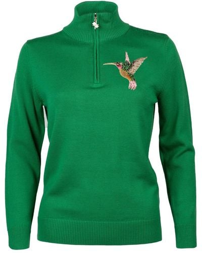 Laines London Laines Couture Quarter Zip Sweater With Embellished Hummingbird - Green