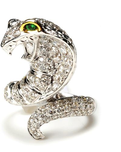 Artisan Green Eye Wrap Snake Design Natural Diamond In 18k White Gold Cocktail Ring - Metallic