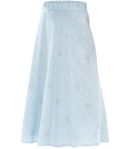 Haris Cotton Embroidered A Line Linen Skirt - Blue