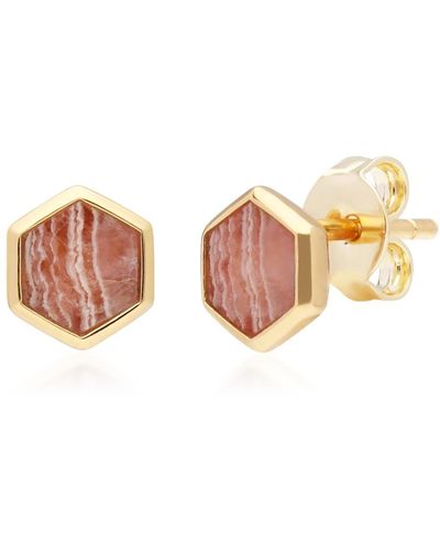 Gemondo Rhodochrosite Hexagon Stud Earrings In Gold Plated Silver - Pink