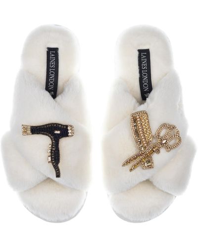 Laines London Classic Laines Slippers With Hairdresser Brooches - White