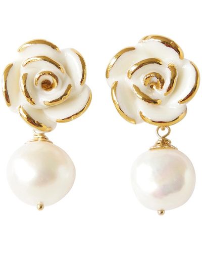 POPORCELAIN Golden White Cloud Rose Pearl Drop Earrings - Metallic
