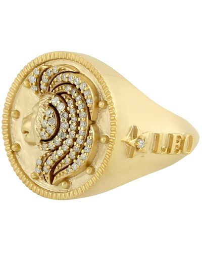 Artisan Natural Diamond Handmade 14k Solid Gold Leo Zodiac Ring - Metallic
