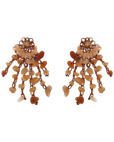 Lavish by Tricia Milaneze Neutrals / Topaz Orange Mix Rocks Mini Chandelier Handmade Crochet Earrings - Metallic