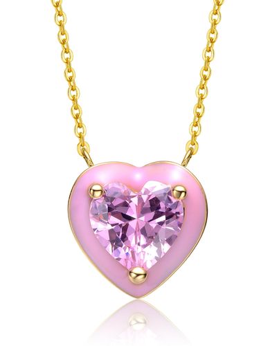 Genevive Jewelry Rachel Glauber Young Adults-teens Yellow Gold Plated With Pink Cubic Zirconia Pink Enamel Heart Dainty Pendant Layering Necklace