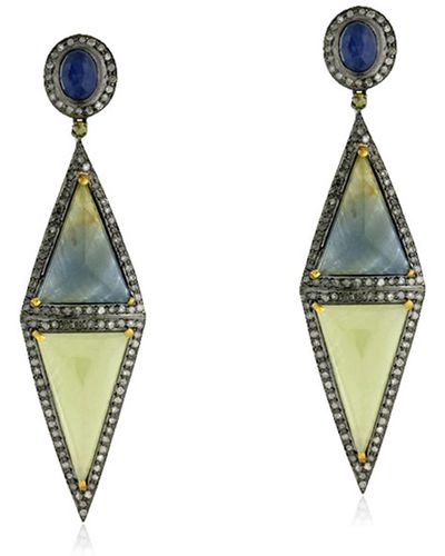 Artisan Sapphire Oxidized Dangle Earrings Blue Sapphire Diamond 925 Sterling Silver Jewelry - Green
