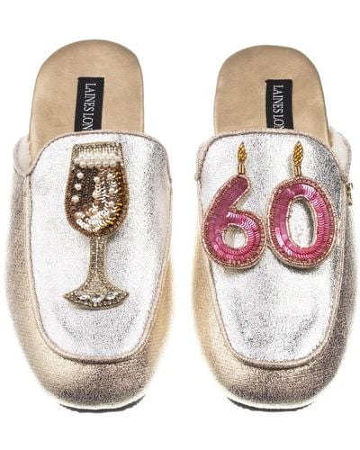 Laines London Classic Mules With 60th Birthday & Glass Of Champagne Brooches - Pink