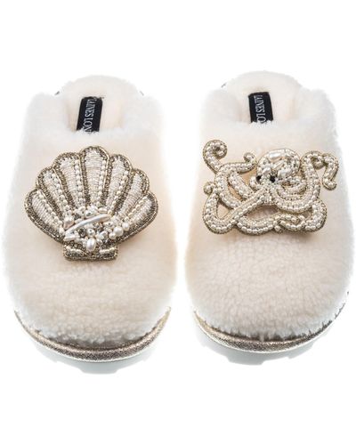Laines London Teddy Closed Toe Slippers With Pearl Beaded Octopus & Shell Brooches - Metallic