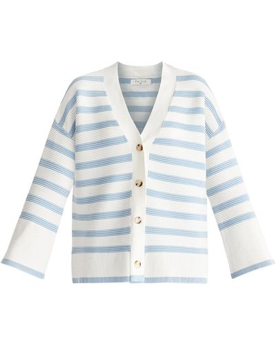 Paisie Striped Ribbed Cardigan In White & Light Blue