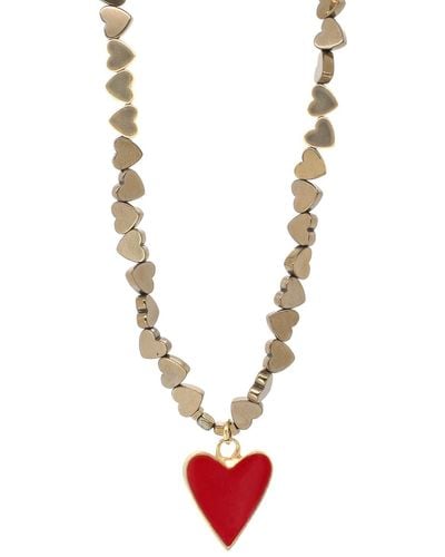 Ebru Jewelry Red Heart Pendant Gold Hematite Stone Heart Shape Chain Necklace - Metallic