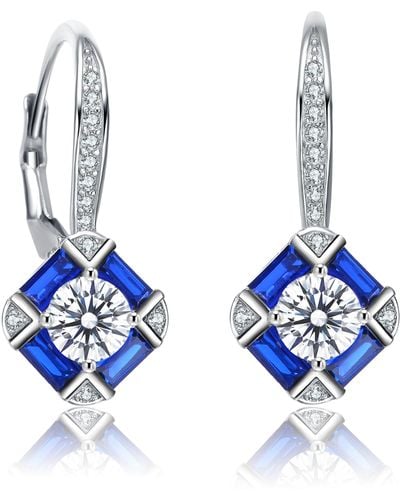 Genevive Jewelry Sterling Silver With White Gold Plated & Sapphire Cubic Zirconia Leverback Earrings - Blue