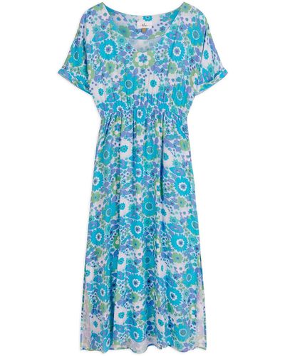 Anorak Nostalgic Flower Ecovero Short Sleeve Midi Dress - Blue