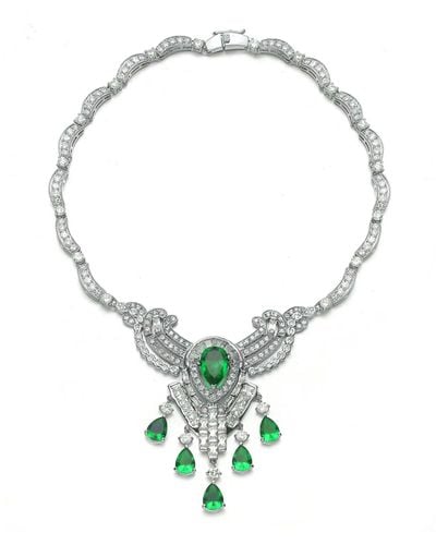 Genevive Jewelry Cubic Zirconia Sterling Silver Rhodium Plated Heavy Emerald Teardrop Necklace - Metallic