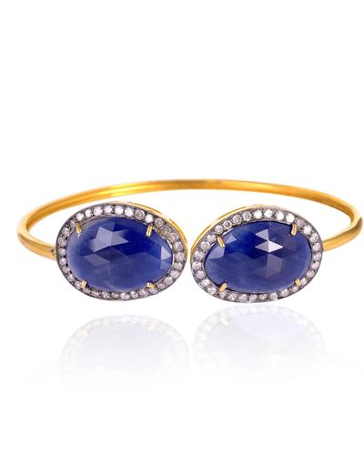 Artisan Sapphire Diamond 18k Yellow Gold 925 Sterling Silver Cuff Bangle Jewelry - Blue