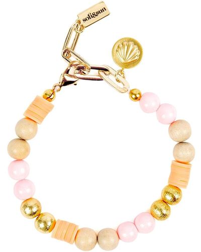 Soli & Sun The Emma Apricot, Light Pink, Gold & Beige Wooden Bead Bracelet - Metallic
