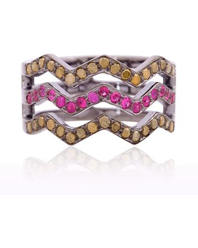 Artisan Colored Diamond & Ruby Pave In 925 Sterling Silver Zigzag Band Ring - Pink