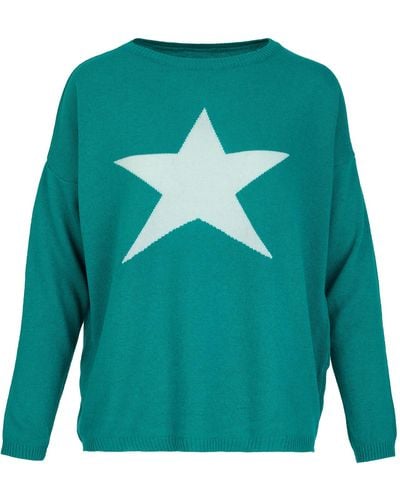 At Last Cashmere Mix Jumper In Teal With Pale Teal Star - Green