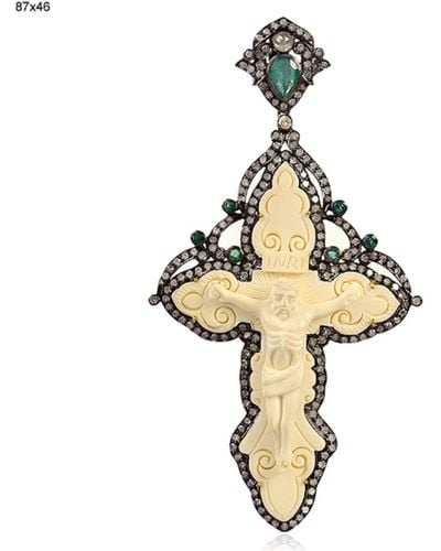 Artisan Natural Diamond & Emerald With Carved Mammoth Cross Jesus Simulated In 18k Gold And 925 Silver Pendant - Metallic