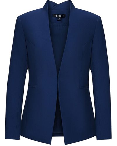 Seragyi Navy Nicole Seasonless Extra Fine Merino Wool Crossover Collar Blazer - Blue