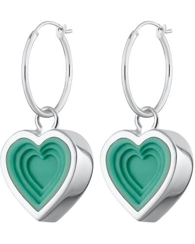 Lily Charmed Sterling Silver Geometric Turquoise Heart Charm Hoop Earrings - Green