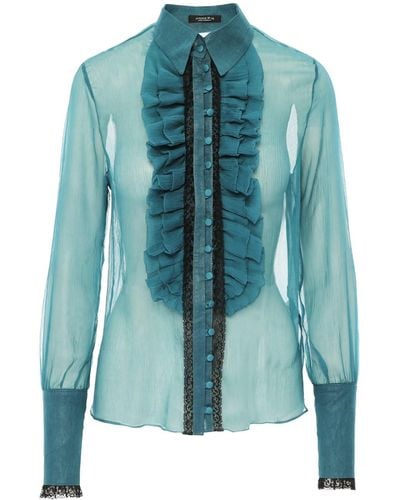 AVENUE No.29 Silk Ruffle Buttoned Down Shirt – Turquoise - Blue