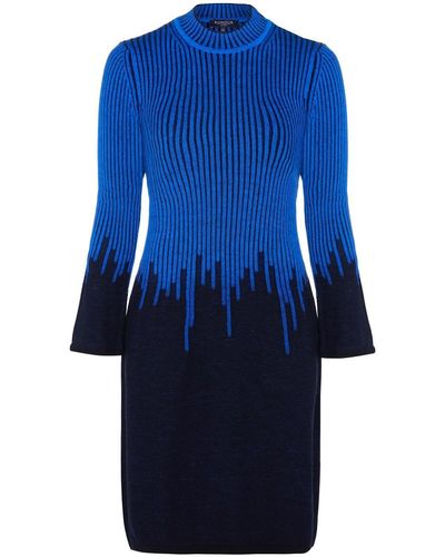 Rumour London Talia Two-tone Ribbed Knit Dress With Rain Drop Effect & Bell Sleeves - Blue