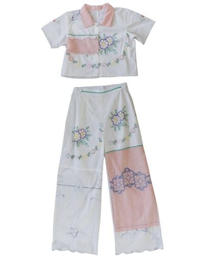 Sugar Cream Vintage Vintage Floral Embroidered Pink Patch Crop Top & Trousers Set - Blue
