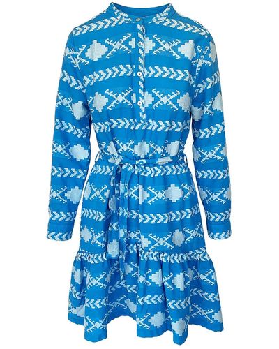 Haris Cotton High-low Belted Embroidered Cotton Dress - Blue