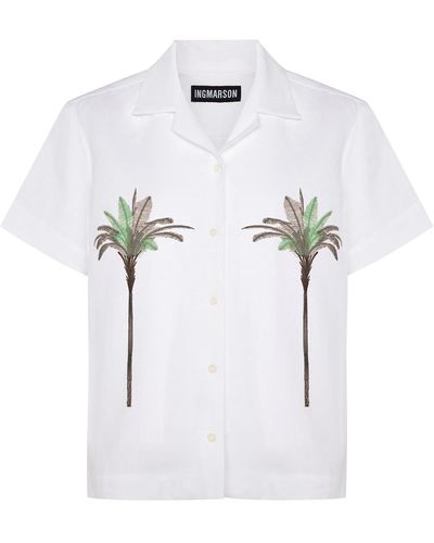 INGMARSON Palm Embroidered Irish Linen Cuban Shirt - White
