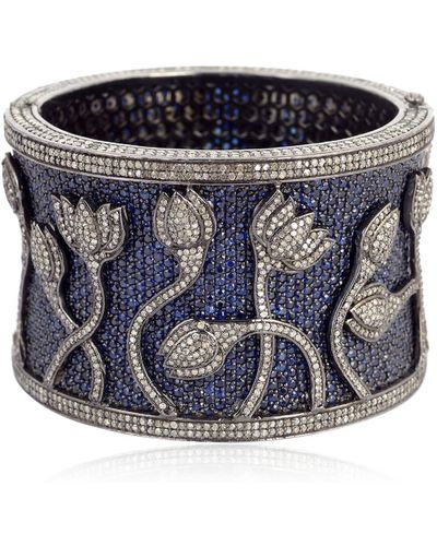 Artisan 14k Gold 925 Silver & Pave Blue Sapphire With Diamond Flower Design Cuff Bracelet Bangle