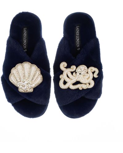 Laines London Classic Laines Slippers With Pearl Beaded Octopus & Shell Brooches - Blue