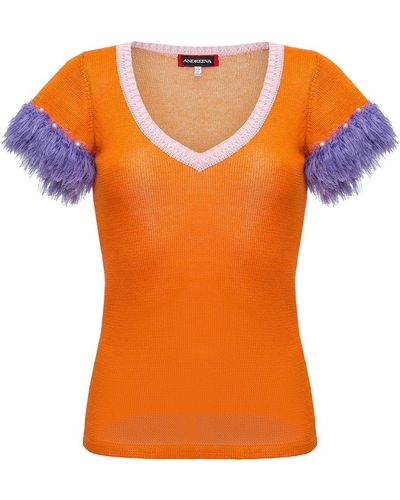 Andreeva Golden Poppy Knit Top With Handmade Knit Details - Orange