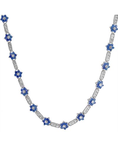 Genevive Jewelry Sterling Silver With Sapphire & Cubic Zirconia Flower Cluster Bar Link Tennis Necklace - Blue