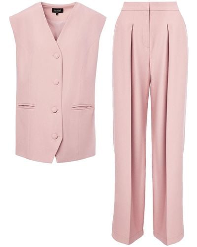 BLUZAT Pastel Pink With Oversized Vest And Ultra Wide Leg Pants