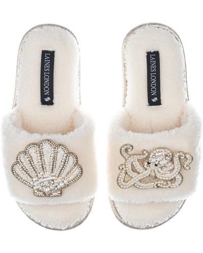 Laines London Teddy Toweling Slipper Sliders With Beaded Shell & Octopus Brooches - White