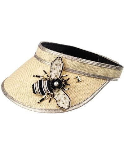 Laines London Neutrals Straw Woven Visor With Embellished Cream & Gold Bee Brooch - Black
