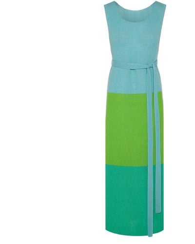 INGMARSON Color Block Belted Slit Dress Green & Blue
