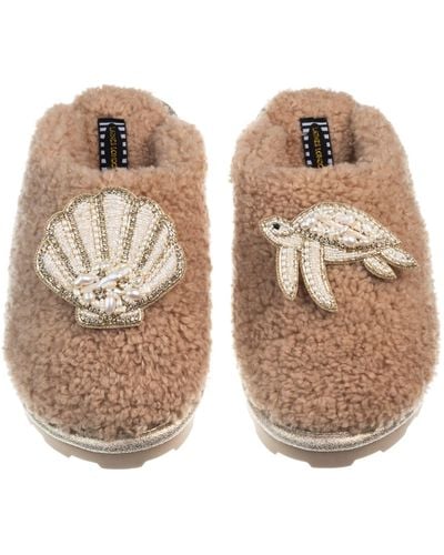 Laines London Teddy Closed Toe Slippers With Pearl Beaded Turtle & Shell Brooches - Natural