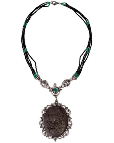 Artisan 925 Silver Pave Diamond Emerald Black Onyx Beads Cameo Necklace 18k Gold - Metallic