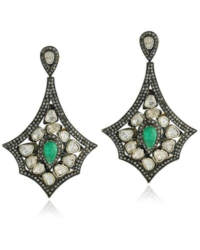 Artisan Emerald Diamond Dangle Earrings 14k Gold 925 Sterling Silver Jewelry - Green