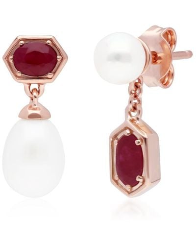 Gemondo Mismatched Ruby & Pearl Dangle Earrings In Rose Gold Plated Silver - Red