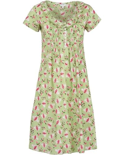 At Last Cotton Karen Short Sleeve Day Dress In Pistachio With Pink Busy Bees - Green