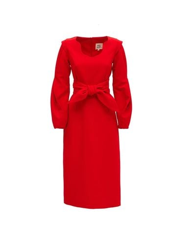 Julia Allert Designer Fitted Midi Dress With Belt - Red