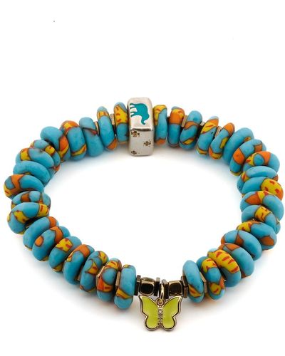 Ebru Jewelry Yellow Butterfly & Protection Symbol Bead Colorful Summer Beaded Bracelet - Blue