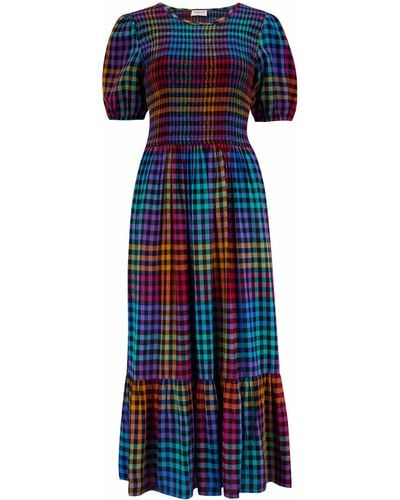Sugarhill Yolanda Midi Shirred Dress Multi, Dark Gingham - Blue