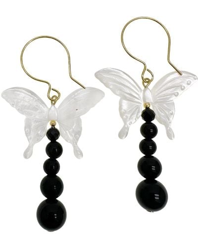 Farra Butterfly Shell With Black Obsidian Statement Earrings - White
