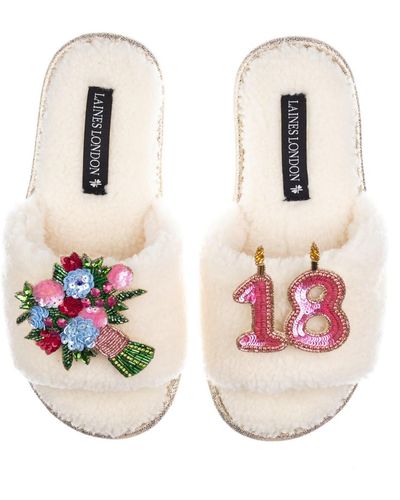 Laines London Teddy Toweling Slipper Sliders With 18th Birthday & Flowers Brooches - Pink