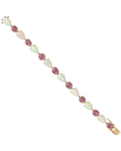 Artisan Pear Shape Ethiopian Opal & Oval Cut Pink Sapphire Pave Diamond In Yellow Gold Bracelet - Metallic